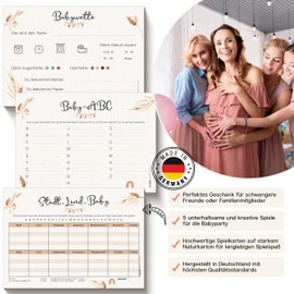 Olgs Baby Shower Games Set - 5 Different Baby Shower Games Set of 12, Pregnancy Games and Gender Reveal Parties, Fillable Guessing Games in Boho Design, DIN A5
