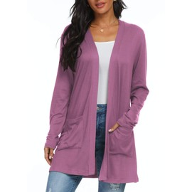 Qixing Women's Cardigan with Pocketes Long Sleeve Casual Lightweight Open Front Cardigan Purple Red-Large