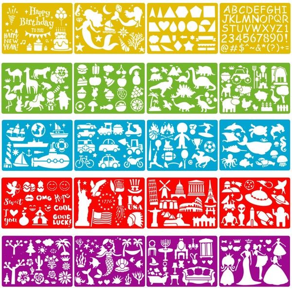 Qpout 20pcs Colour Drawing Stencil for Children, 300+ Pattern Letters