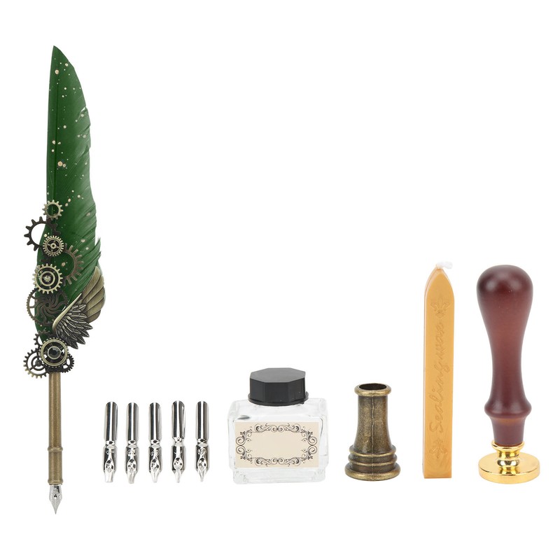 Retro Feather Pen Set Vintage Map Pattern Quill Pen Set