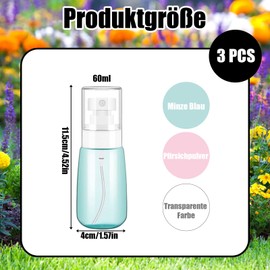Zerstäuber Sprühflasche, Mini Sprühflasche 60ml, Set mit 3 Sprühflaschen in Blau, Pink und Transparent für Reisen, Kosmetik und Pflanzenpflege, Leere Sprühflaschen zum Befüllen
