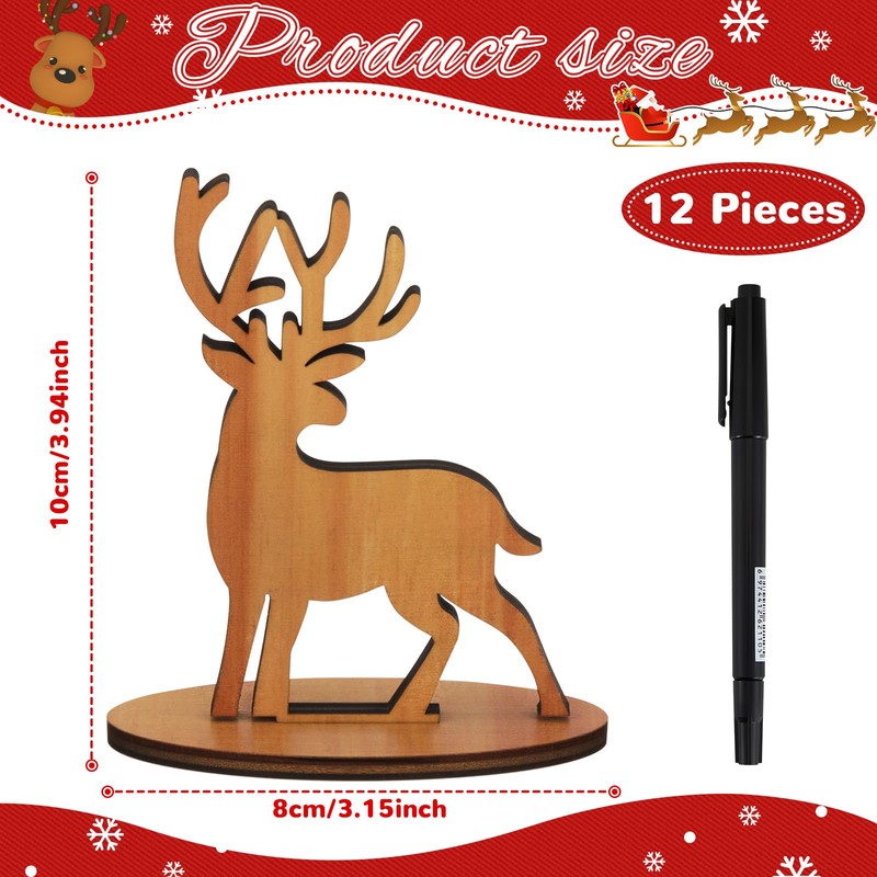 12 Pcs Christmas Groovy Reindeer Place Name Settings Wooden Table