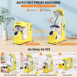 Whubefy Auto Hat Heat Press Machine, 3-in-1 Hat Press Heat Machine for Caps with 3 Platens, Blank Cap, Gloves, Automatic Open/Release, Heat Transfer Cap Heat Press HTV Iron On for Vinyl, Sublimation