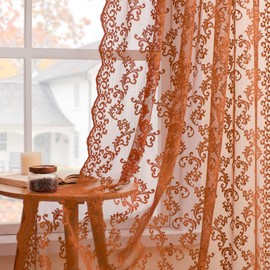 Rust Terracotta Lace Curtains 96 Inches Long 2 Panels Country Lace Sheer Curtains for Living Room Bedroom Rod Pocket Light Filtering Vintage French Drapes Pumpkin Fall Autumn Window Decor, 52x96