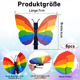 KLINNA Pack of 8 Butterfly Hair Clips with Vivid 3D Effect, Colourful Rainbow Accessories for Pride Parade, Elegant Hair Clip for Women, Girls and Children