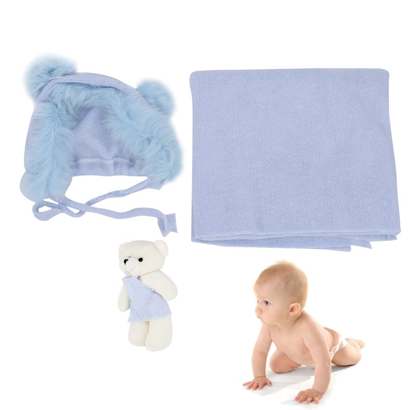 3pcs Baby Photography Props Soft Newborn Photo Blanket Doll Hat