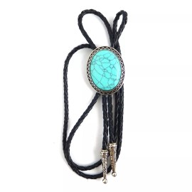 Fashion Jewelry Oval Pendant Turquoise Stone Bolo Tie 40 inch Black Leather Cord Antique Silver