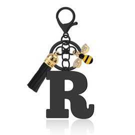 Letter Keyring A-Z Alphabet Initial Keychains with Cute Bee Tassel Pendants Initial Letter Keychain for Women Stainless Steel Letter Initials Charms for Purse Handbags Car Key Backpack Keyring(R)