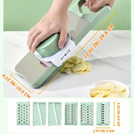 Vegetable Chopper, Mandoline Food Slicer Cutter with Handheld Container, 6 Blades and Blade Box, Cucumber Slicer, Magnetic Kitchen Tools for Veggie Potato Onion Carrot (Green(No magnet), 7 in 1)