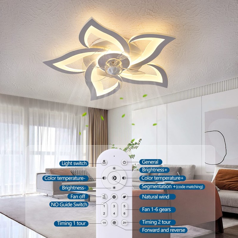 Dalouguan Flush Mount Ceiling Fan with Lights, 24" White ,Remote