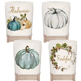 JarThenaAMCS 4Pcs Fall Chair Covers Watercolor Cyan Pumpkin Pattern Seat Covers Washable Autumn Dining Chair Slipcover Protector for Thanksgiving Home Kitchen Decor