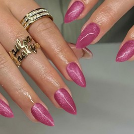 Hot Pink Nails Press on, Neon Cat Eye Press on Nails Medium Almond Shaped, SXVME Glitter Glue on Nails Short Fake Nails, Thick Acrylic False Nails, Glossy Shiny Stick on Nails for Women 30Pcs