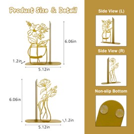 Metal Flower Vase Bookends, Cute Book Ends for Office Home Decor Decorative Bookends for Shelves, Ideal Gift for Book Lovers(Gold)