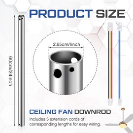 VIHOSE 24 Inch Ceiling Fan Downrod with Extension Cord 2 ft Silver Downrod for Ceiling Fan 1 Inch Outside Diameter Not Threaded Suitable for a Wide Range of Fans