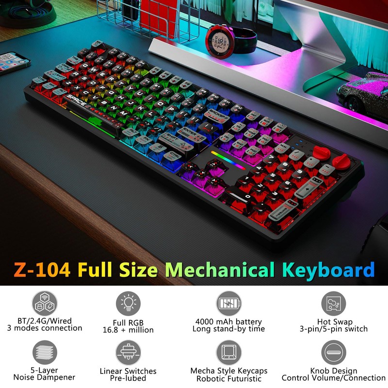 E-YOOSO Wireless Mechanical Keyboard Creamy, Bluetooth/2.4GHz/USB-C Wired, Hot Swappable Pre-Lubed