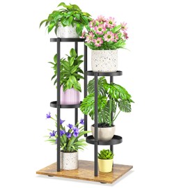 iDavosic.ly 4 Tier Plant Stand Indoor Outdoor, Tiered Corner Multiple Flower Pot Holder Shelf, Metal 30 Inch Tall Display Rack for Patio Porch Living Room Garden Balcony, Modern Black & Rustic Brown