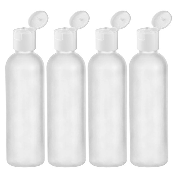 MoYo Natural Labs 4 oz Travel Bottles, Empty Travel Containers with Flip Caps, BPA Free HDPE Plastic Squeezable Toiletry/Cosmetic Bottles (Neck 20-410) (4 Pack, Translucent White)