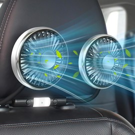 Helmsyde Car Rear Seat Fan, 360° Double Head USB Fan for Car, 5V 2A Car Cooling Fan 3 Speeds for Rear Seat Passengers with Light, for SUV RV Truck