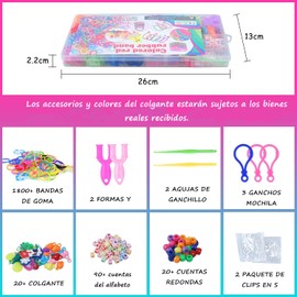 1800+ Kit de Fabricación de Pulsera de Banda de Goma para Niñas, Juego de Bandas de Goma para Hacer Pulseras, Rubber Bands Bracelet, Bandas de Telar de Colores en 23 colores, 90+ ABC cuentas, Regalo para Niños de 7 a 12 años