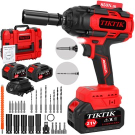 TIKTIK 1/2 inch Cordless Impact Wrench,650 Ft-lbs (850Nm) Brushless Impact Gun,3300RPM Power Impact Driver w/ 2x 4.0 Battery, 5 Sockets,8 Drill,6 Screws,Electric Impact Wrench for Car Home