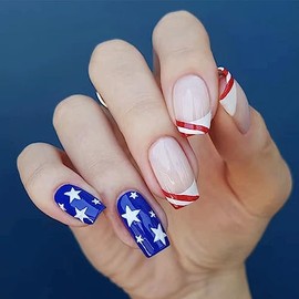 4 of July Press on Nail Medium Independece Day Fake Nail -24pcs Full Cover False Nail for Independence Day Blue Red Satr Sticker on Nail with Glue,Glue on Nail for Women and Girls (indenpenden day)
