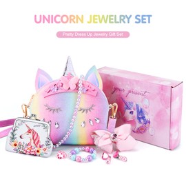 JYPS Unicorn Purse for Little Girls, 7Pcs Cute Kids Purse Crossbody Bags with Kids Dress Up Jewelry Set Pretend Play Accessories, Birthday Presents Unicorn Gifts Toys for Girl age 3 4 5 Christmas