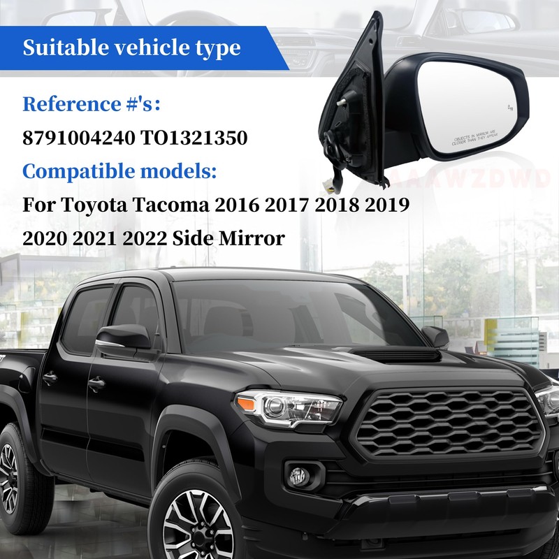 Black Right Passenger Side Mirror Replacement For Toyota Tacoma 2016-2022-Power