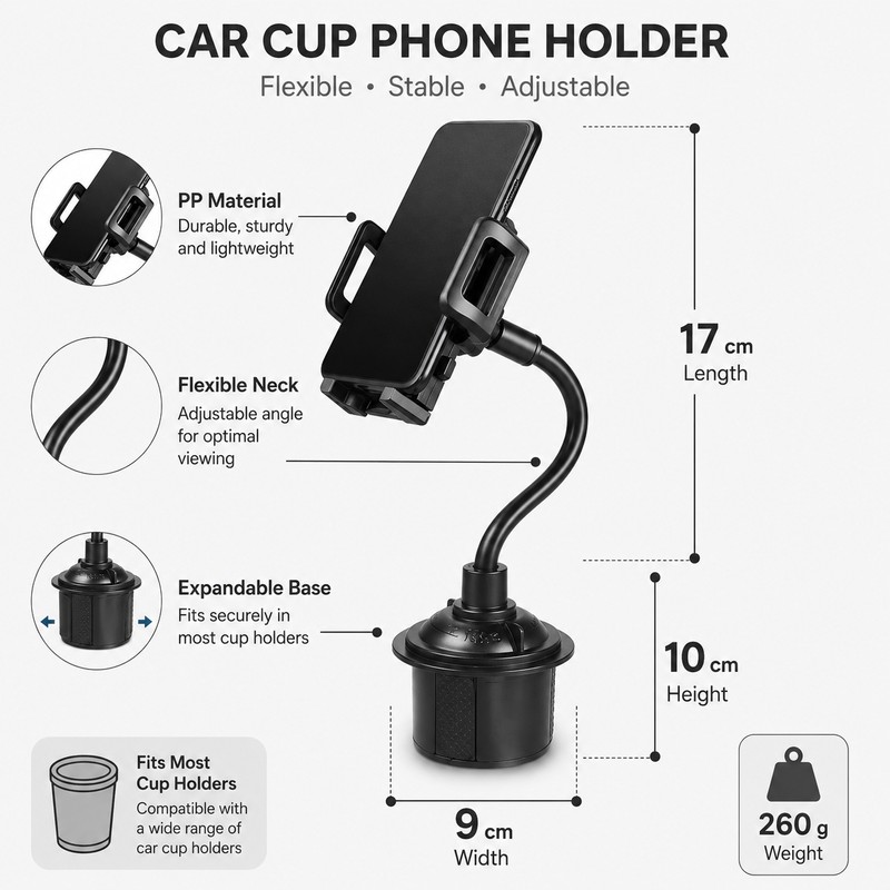 Car Cup Holder Phone Mount for Hands-Free Viewing – Adjustable