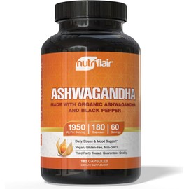 NutriFlair Organic Ashwagandha Root Extract - with Organic Black Pepper - Stress and Mood Support - Powerful Adaptogenic Benefits and Overall Health - Made in USA