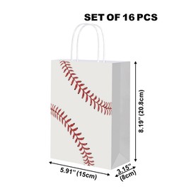 WIRESTER Set of 16 Kraft Paper Gift Bags, Party Gift Snacks Candy Bag with Handles, Decorative Package Bags for Birthday Party Favor Supplies - Baseball (S1)