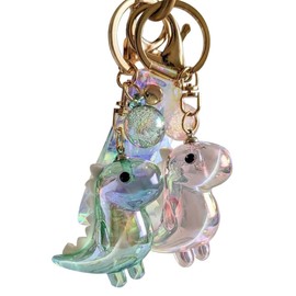 BattleTim Cute Iridescent Dinosaur Keychain Kawaii Dino Key Charm Shimmery Key Accessory Glittery Key Ring Lizard Holder Gold Keyring Design,White
