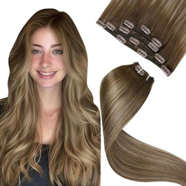 LaaVoo Clip in Hair Extensions Human Hair Balayage Blonde Human Hair Extensions Clip in Light Brown Balayage Golden Blonde Clip in Hair Extensions Remy Long Straight 20 Inch 5pcs/80g