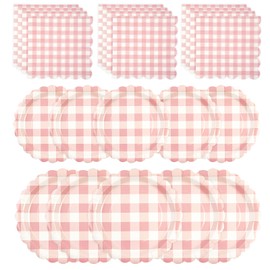 150PCS Pink Gingham Party Supplies, Light Pink Scalloped Paper Plates and Napkins Disposable Pink and White Checkered Party Decor for Baby Shower Birthday Wedding ,Serves 50 Guests