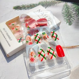Mkwntg Christmas Press on Nails Short Almond Fake Nails with Cute Gingerbread Man Candy Design Glossy Red Round Full Cover Glue on Nails Xmas Elk Christmas Tree Snowflake False Nails for Women 24Pcs