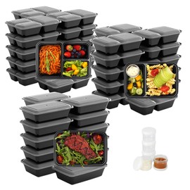 LISI 50 Pack Meal Prep Containers with Lids, Large Reusable Food Storage Set with 1, 2 & 3 Compartment Containers (15 Each), BPA Free, Freezer Safe To-Go Boxes with Dressing Cups