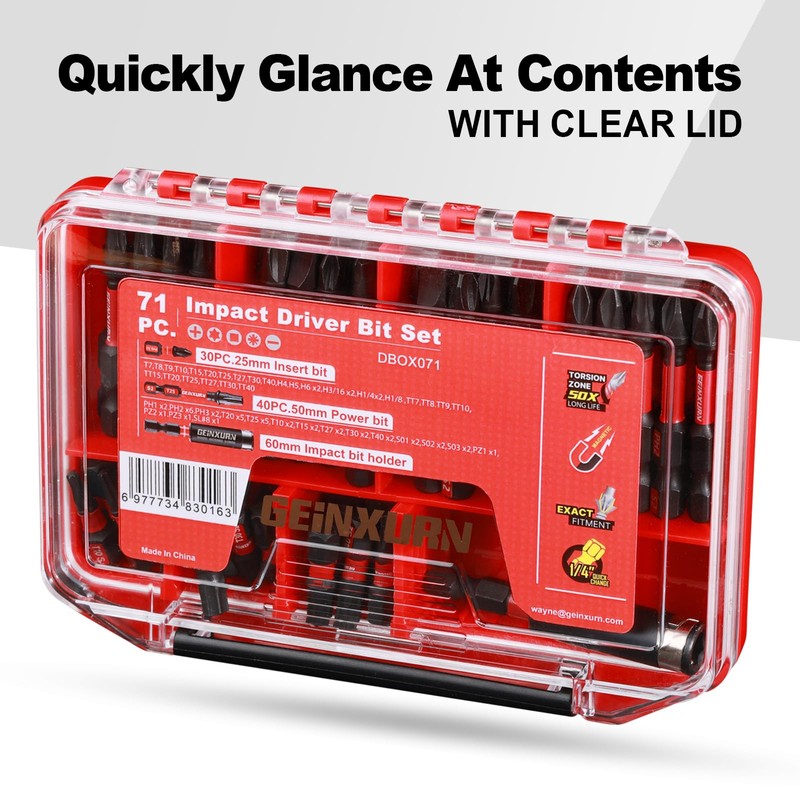 Geinxurn Impact Screwdriver Bits Set, 71pieces Case Storage Magnetic S2