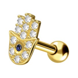 PIERCINGLINE 750 Gold Ear Piercing | 18 Carat | Hand of Fatima + Crystals | Piercing Tragus Helix Conch | Choice of Colours, Yellow Gold