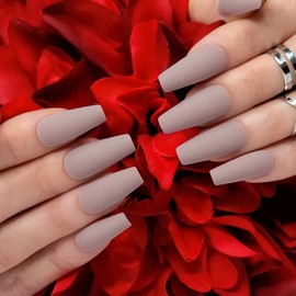 Hypnaughty 24 Pcs Tuscany Nude Matte Luxury Coffin Press-on Nails with Glue (ABS, Nude, Beige, Long)
