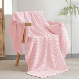 PHF Ultra Soft Waffle Weave Throw Blanket 50"x 60"- Washed Lightweight Breathable Cozy Woven Blanket for Bed - Aesthetic Decor for Couch Bedding Sofa Home Car - Light Pink
