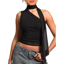 OZICERD Off One Shoulder Halter Going Out Tops for Women Cute Club Rave Top Ruched Mesh Sleeveless Crop Tank Top with Scarf Black M
