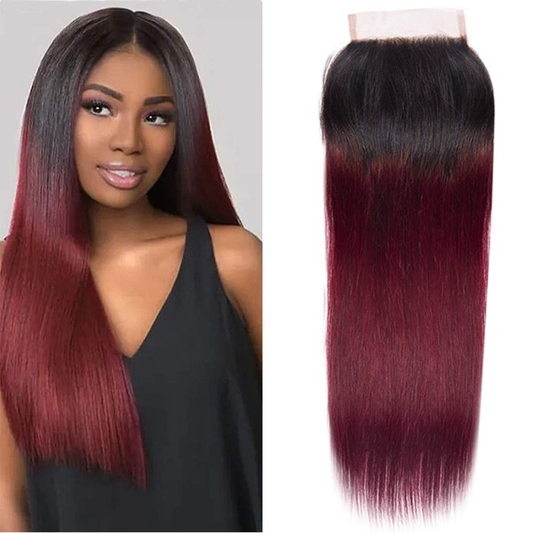Volvetwig Brazilian Hair Ombre Colour #1B/99j Quality Swiss Lace 4x4 Ombre Extension Real Hair Human Hair Frontal Closure Short Bleached Knots Cheap 20 Inches / 51 cm