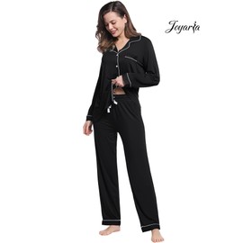 Joyaria Womens Button Down Long Sleeve Pajama/PJ/Sleep Sets with Pants Sleepwear(Black, Small)