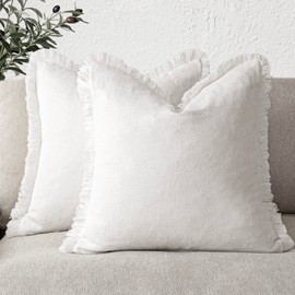 Foindtower Set of 2 Decorative Linen Fringe Throw Pillow Covers Cozy Boho Farmhouse Cushion Cover with Tassels Soft Accent Pillowcase for Couch Sofa Bed Living Room Home Decor, 26×26 Inch, Cream White