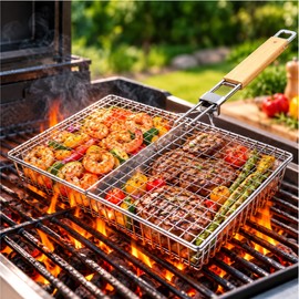 Stainless Steel Grill Basket with Removable Divider – Reusable BBQ Grilling Basket for Vegetables, Meat, Seafood & Outdoor Cooking