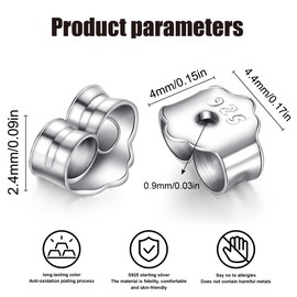 Pack of 60 Stud Earrings, Flat Clasp, 925 Silver, Nickel-Free, Hypoallergenic, Girls' Earring Backs, Post Closure, Counter-Stud Earring Stopper, Butterfly Clasp (30 Pairs, Silver)