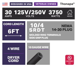 Thonapa 4 Prong Dryer Cord 6 Ft, 30 AMP Appliance Extension Cord with 4 Prong, NEMA 14-30 Plug, 10/4 SRDT 6 Foot, Black - US Veteran Owned Company
