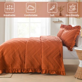DJY Quilt Set King Size 3 Pieces, Burnt Orange Ruffled Bedspread Coverlet Set 3 Piece Boho Terracotta Soft Microfiber Reversible Quilted Bed Cover for All Seasons(104×90inch)