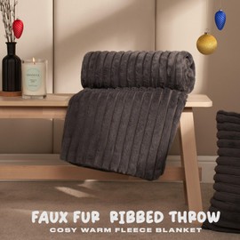 OHS Throws for Sofa Charcoal Grey, Faux Fur Rib Thick Blanket Throw for Winter Ultra Soft Cosy Warm Sofa Throw Blanket for Bedroom Living Room, 125x150cm
