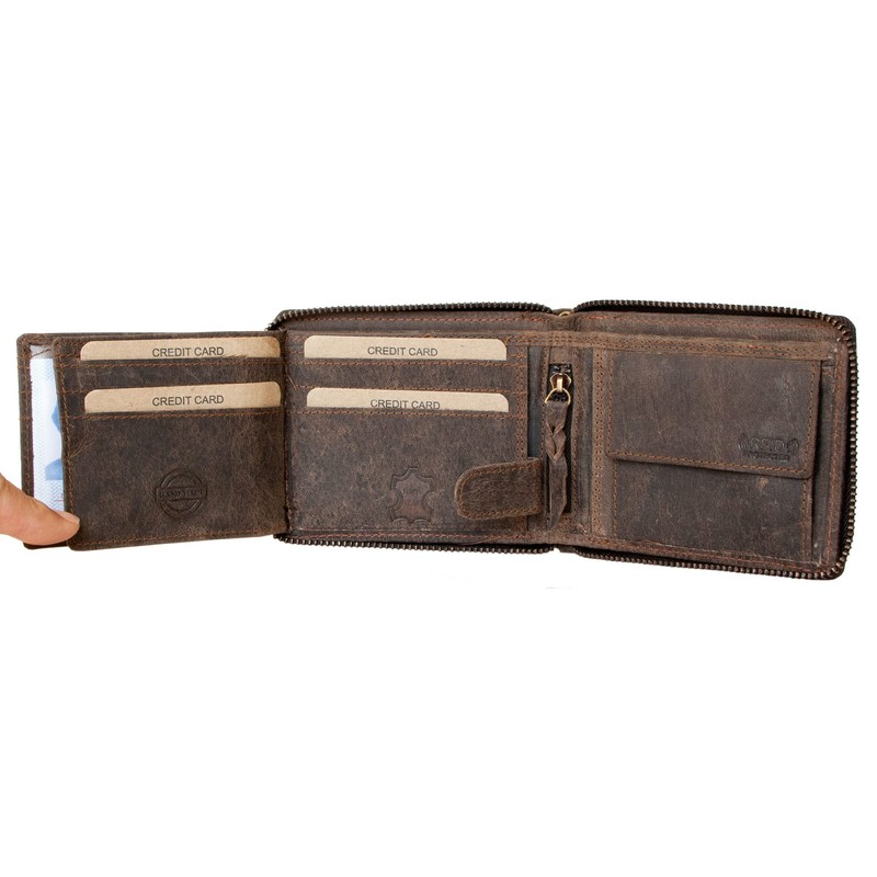 Men's Genuine Leather Metal Zip-Around RFID Genuine Leather Wallet with