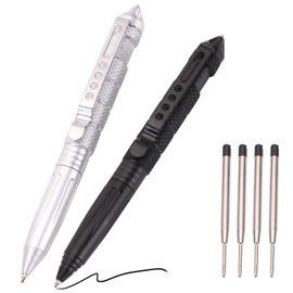 Fpxnb 2 Pack Military Tactical Pen Set with 6 Black Ballpoint Refills for Writing, Made of Tungsten Steel & Aluminum (Black & Silver)